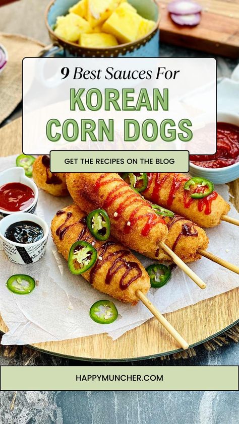 9 Tasty Sauces for Korean Corn Dogs Korean Corn Dog Dipping Sauce, Japanese Corn Dog, Corn Dog Dipping Sauce, Korean Hot Dog Recipe, Korean Corn Dog Recipe, Sorority Retreat, Korean Corn Dog, Korean Potatoes, Hot Dog Recipe