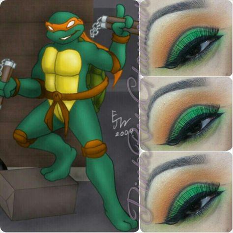 Ninja turtle look♡ -Maricela vargas  Follow me instagram @pinkroseglamour Turtle Face Type Makeup, Tmnt Makeup, Ninja Turtle Makeup, Ninja Turtle Makeup Women, Ninja Turtles Makeup, Turtle Makeup Halloween, Turtle Makeup Ideas, Ninja Turtle Eye Makeup, Ninja Turtle Nails Designs