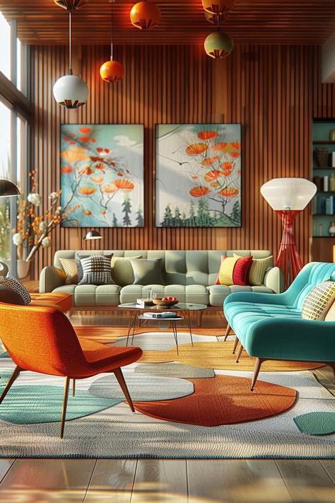 Mid Century Loft Apartment, Bright Sofa Ideas, Mid Century Modern Rec Room, Mid Century Wall Design, 1960s Home Interior, Modern Living Room Colorful, Midcentury Living Rooms, Colorful Modern Interior Design, Retro Modern Furniture