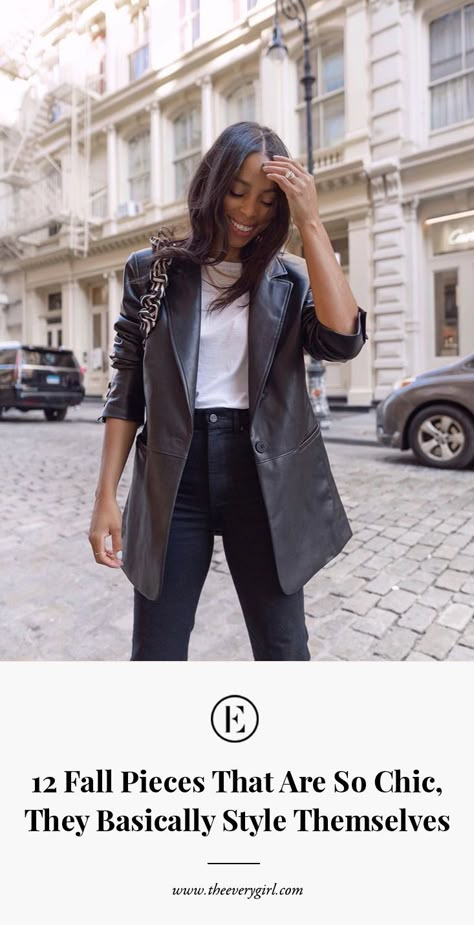 Autumn Basics, Leather Blazer Outfit, Knee Length Cardigan, Chic Fall Fashion, Simple Sweaters, Leather Jacket Outfits, Blazer Outfit, Outfit Formulas, Autumn Outfits