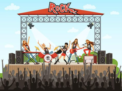 Rock band on stage. People on concert. Music performance. Vector illustration in #Sponsored , #sponsored, #ADVERTISEMENT, #stage, #Rock, #Vector, #People Concert Illustration, Watercolor Wallpaper Phone, Band On Stage, Musical Logo, Concert Crowd, Guitar Illustration, Music Stage, 달력 디자인, Human Logo