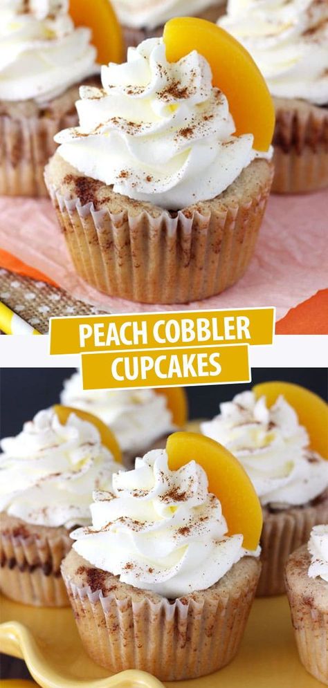 Peach Cobbler Wedding Cake, Cupcakes To Impress, Cupcake Recipes Wedding, Peach Bourbon Cupcakes, Summer Wedding Cupcake Flavors, Unique Flavor Cupcakes, Peach Cream Cheese Cupcakes, Peach Cobbler Cupcake Recipe, Peach Filled Cupcakes