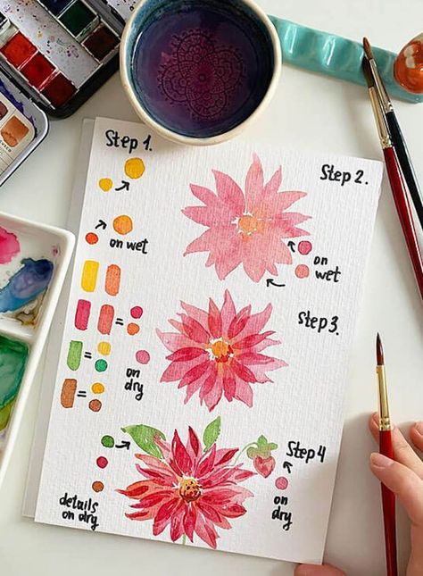 Watercolor Flower Tutorial, Paint Watercolor Flowers, Paint For Beginners, How To Watercolor, Watercolor Painting For Beginners, Soya Mumu, Learn Watercolor Painting, Paint Flowers, Watercolor Flowers Tutorial