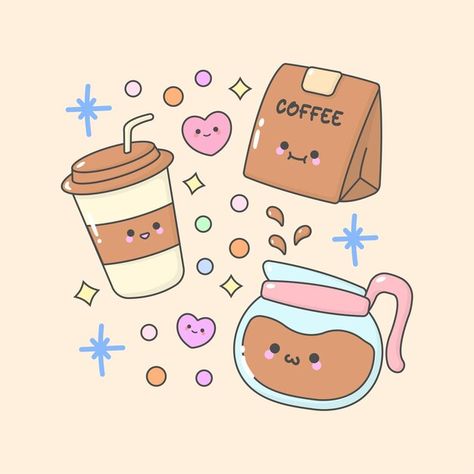 Tea coffee beverages pitcher cup bean wi... | Premium Vector #Freepik #vector Cute Cup Drawing, Cute Coffee Doodles, Cute Coffee Illustration, Sweets Doodles, Cute Facial Expressions, Cup Wallpaper, Procreate Drawings, Fun Doodles, Coffee Doodle