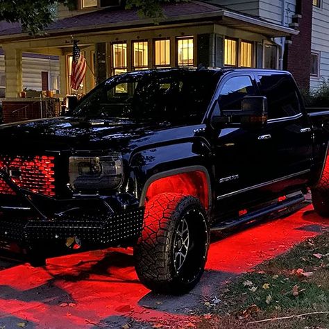 Truck Lights Interior, Truck Led Light Ideas, Jacked Up Trucks With Led Lights, Lifted Trucks With Led Lights, Trucks With Led Lights, Cars With Led Lights, Black Chevy Silverado, Jeep Led Lights, Underglow Lights