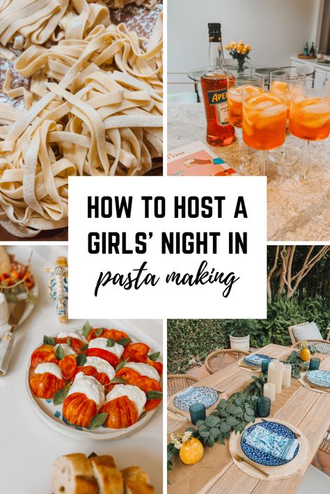 Pasta And Paint Girls Night, Homemade Pasta Making Party, Pasta Making Party Ideas, Monthly Friends Dinner, Homemade Pasta Dinner Party, Make Your Own Pasta Party, Girls Dinner Party Food, Girls Night Dinners, Easy Girls Night Dinner