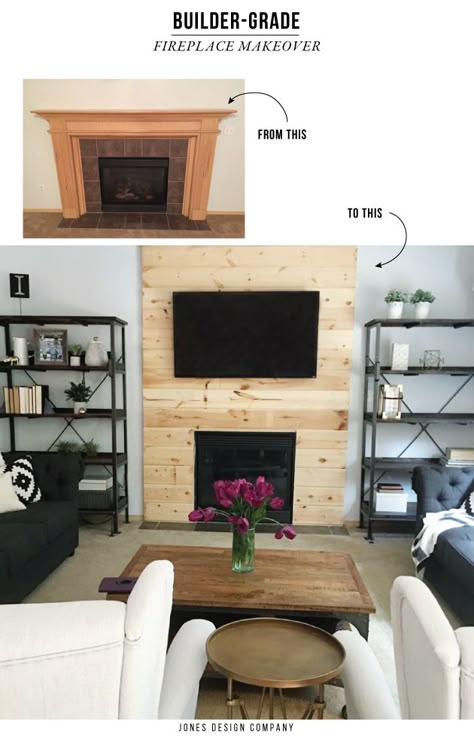 Builder-grade Fireplace Makeover / jones design company Builder Grade Fireplace, Craftsman Fireplace, Jones Design Company, Cottage Fireplace, Diy Fireplace Makeover, Fireplace Bookshelves, Brick Fireplace Makeover, Shiplap Fireplace, Small Fireplace