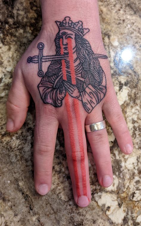 Micah Ulrich, Queen Of Swords Tarot Tattoo, Lesbian Queen Card Tattoo, Micah Ulrich Tarot, Queen Of Nothing, Medieval Drawings, Queen Tattoo, Hand Tats, Sell My Art