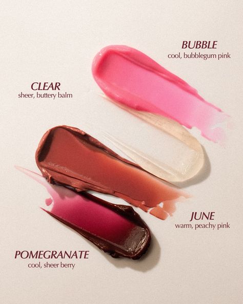 The Daymask Peptide Lip Balm color palette 👄 👉 Bubble: cool, sheer bubblegum pink with hint of shimmer 👉 June: warm, sheer peachy pink 👉 Pomegranate: cool, sheer pomegranate 👉 Clear: sheer, buttery balm #personacosmetics #lipbalm #liptreatment Persona Cosmetics, Product Aesthetic, Lips Balm, Dominique Cosmetics, Color Lip Balm, Lip Cosmetics, Liquid Blush, Cheek Palette, Beauty Ad