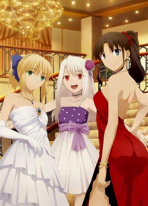 Fate Stay Night, Saber, Illya and Rin, official art Women In Dresses, Fate Stay Night Rin, Type Moon Anime, Tohsaka Rin, Fate Stay Night Series, Fate Servants, Fate Stay Night Anime, Elsword, Fate Anime Series