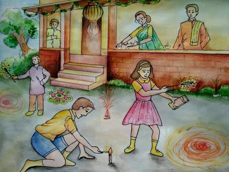 Intermediate drawing class Diwali Memory Drawing Watercolor, Festival Memory Drawing, Diwali Memory Drawing, Memory Drawing For Intermediate, Diwali Festival Drawing, Intermediate Drawing, Indian Elephant Art, Figures Drawing, Diwali Painting