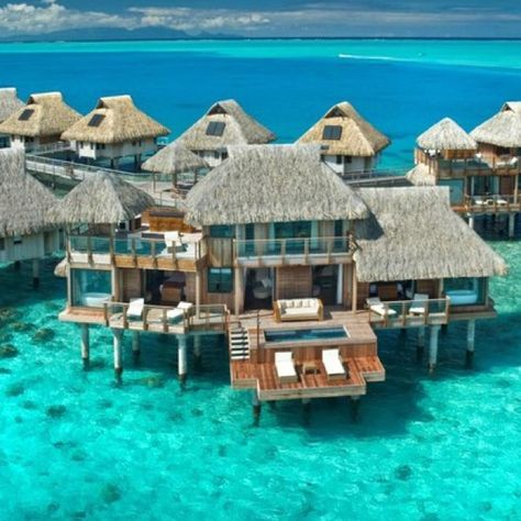 Hilton in Bor-Bora ... Yes, please !! Overwater Bungalows, Thatched Roof, Destination Voyage, Dream Holiday, Honeymoon Destinations, Vacation Places, Future Travel, Sunset Views, Bora Bora