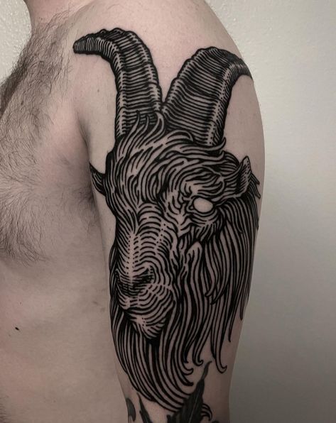 Black Phillip Tattoo, Cryptid Tattoo, Goat Tattoos, Medieval Engraving, Goat Tattoo, Etching Tattoo, Los Angeles Tattoo, Woodcut Tattoo, Engraving Tattoo