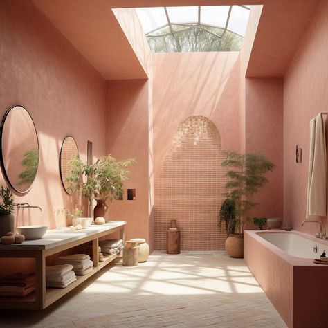 Desert Pink Bathroom, Pink Micro Cement Bathroom, Pink Lime Wash Bathroom, Pink Microcement Bathroom, Plaster Pink Bathroom, Salmon Bathroom Ideas, Salmon Tile Bathroom, Pink Quartz Bathroom, Terracotta Limewash