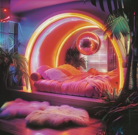 Pachinko Aesthetic, Vaporwave Room Aesthetic, Retrofuturism Decor, Trippy Rooms Bedrooms, Blender House, Synthwave Room, Modern Retro Bedroom, Pop Art Bedroom, Vaporwave Room