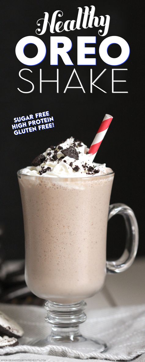 This Healthy Oreo Shake reminds me of those Oreo Blizzards because it's thick, sweet, and oh so satisfying for the sweet tooth inside all of us. Little did anyone know, it's all natural, refined sugar free, high protein, high fiber, and gluten free! Healthy Dessert Recipes at Desserts with Benefits Sugar Free Milkshake, Desert Protein Shake, Healthy Oreo Milkshake, Healthier Oreo Milkshake, Oreo Cheesecake Protein Shake, Protein Blizzard, Healthier Milkshake Recipe, Oreo Protein Shake, Pb2 Smoothie