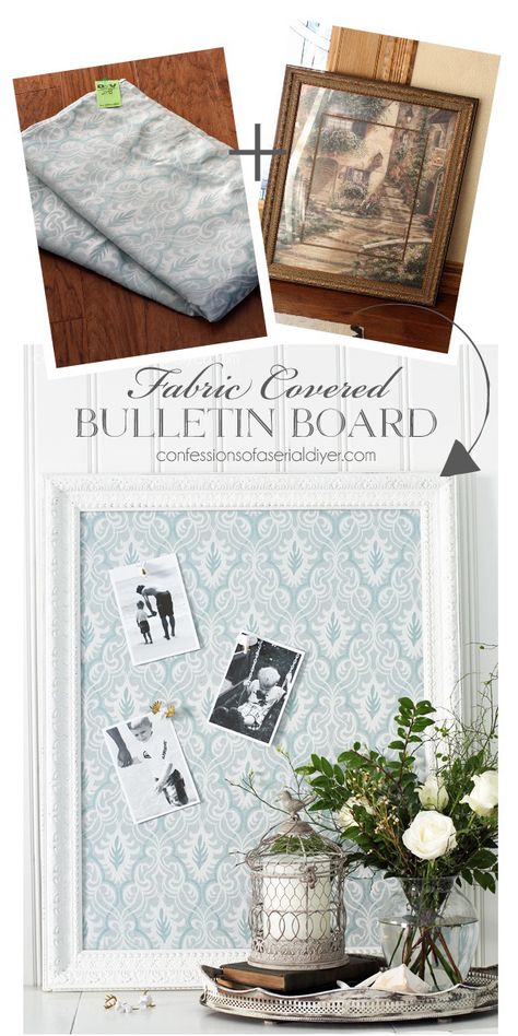 Fabric Covered Bulletin Board, Thrifted Diy, Fabric Bulletin Board, Diy Bulletin Board, Cuadros Diy, Thrifted Decor, Thrift Store Diy, Diy Shadow Box, Cork Diy