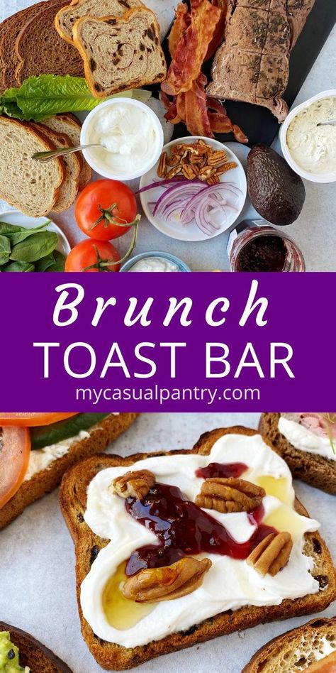 Breakfast Toast Bar, Toast Board Ideas, Toast Bar Ideas, Fancy Toast Recipes, Toast Ideas Dinner, Toast Bar Brunch, Breakfast Hosting, Toast Bar, Gourmet Toast