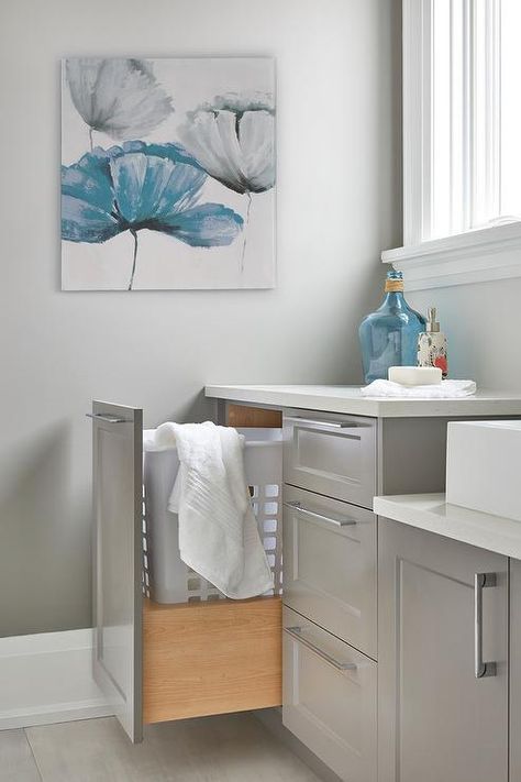 Hidden Hamper in Pull Out Drawer - Contemporary - Laundry Room Cabinet Hardware Laundry Room, Hidden Hamper, Dirty Laundry Storage, Bathroom Hampers, Contemporary Laundry Room, Grey Laundry Rooms, Blue Laundry Rooms, White Laundry Rooms, Small Laundry Room Organization