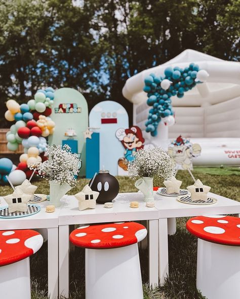 This Super Mario Birthday is Powered all the way up! Such an adorable party! ❤️⭐💙 Party Design & Photos: brittney_delk Cookies: @baked.good.co All foam Cut-outs & Signage: @blushingboxwood Cake: @loveamycakes Bounce house + ball pit: @classic_bounce Partyware: @ellieandpiperco Balloons: @gogoglamco Cotton candy cart: @cottonsugarco #balloons #balloondecorator #party #birthday #kidsparties #kidsparty #babyshower #matteballoons #doublestuff #gogoglam #tuftex #sempertex #ballonartist #balloong... Nintendo Birthday Party, Cotton Candy Cart, Mario Kart Party, Butterfly Garden Party, Baked Good, Super Mario Birthday Party, Mushroom Kingdom, Mario Birthday Party, Candy Cart