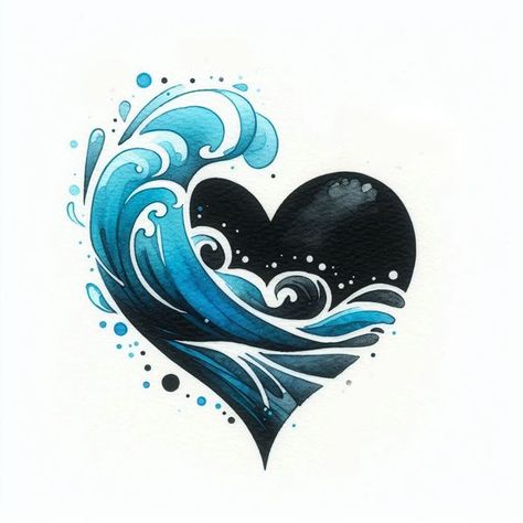 Circular Wave Tattoo, Beach Heart Tattoo, Heart Of The Ocean Tattoo, The Ocean Tattoo, Wave Clipart, Swim Logo, Ocean Tattoo, Heart Of The Ocean, Beach Heart