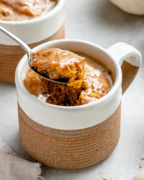 Vegan Pumpkin Mug Cake | Ambitious Kitchen Pumpkin Mug Cake, Apple Coffee Cakes, Savory Pumpkin Recipes, Dairy Free Chocolate Chips, Ambitious Kitchen, Single Serve Desserts, Homemade Pumpkin Puree, Pumpkin Mug, Single Serving Recipes