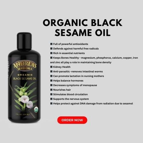 Black sesame oil is known for its potential health benefits, including its ability to support heart health, improve skin and hair conditions, and provide essential nutrients like copper, manganese, and vitamin E. Additionally, its antioxidant properties may contribute to overall well-being. 15% off code: LOVE15 #organicoils #coldpressed #coldpressedoils #andreasseedoils #vitaminc #sunflowerseedoil #pumpkinseedoil #hempseedoil #flaxseedoil #fiveseedoil #fennelseedoil Black Sesame Seeds Benefits, Sesame Seed Oil Benefits, Sesame Seeds Benefits, Sesame Oil Benefits, C Diff, Sesame Seed Oil, Unwanted Hair Growth, Sesame Seed, Pumpkin Seed Oil