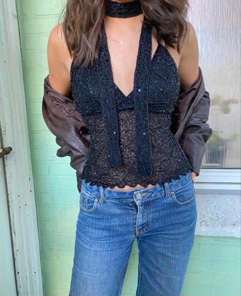 Black Beaded Top Outfit, Vintage Beaded Top Outfit, Beaded Top Outfit, Halter Tops Outfit, 2024 Clothes, Moon Top, Alanis Morissette, Style Bundle, Halterneck Top