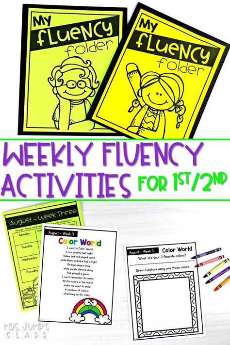 Improve reading fluency with these daily activities for 1st or 2nd grade. Help your students read with expression and fluidity with fluency folders. Fun reading fluency activities that can be done in the classroom or at home for homework. #readingfluency #fluencyfocus #firstgrade #secondgrade Fluency Intervention 2nd Grade, Building Fluency 2nd Grade, 1st Grade Rti Activities, 1st Grade Fluency Activities, Fluency Folders 2nd Grade, Reading Fluency Activities 2nd Grade, Fluency Folders First Grade, Fluency Activities 2nd Grade, Reading Fluency Activities 1st Grade