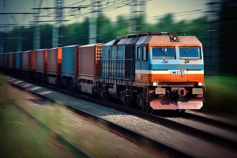 Cargo train transporting shipping containers, depicted with motion blur, representing the concept of speedy delivery of royalty free stock images Cargo Train, Motion Blur, Shipping Containers, Shipping Container, Blur, Stock Images Free, Stock Illustration, Motion, Royalty