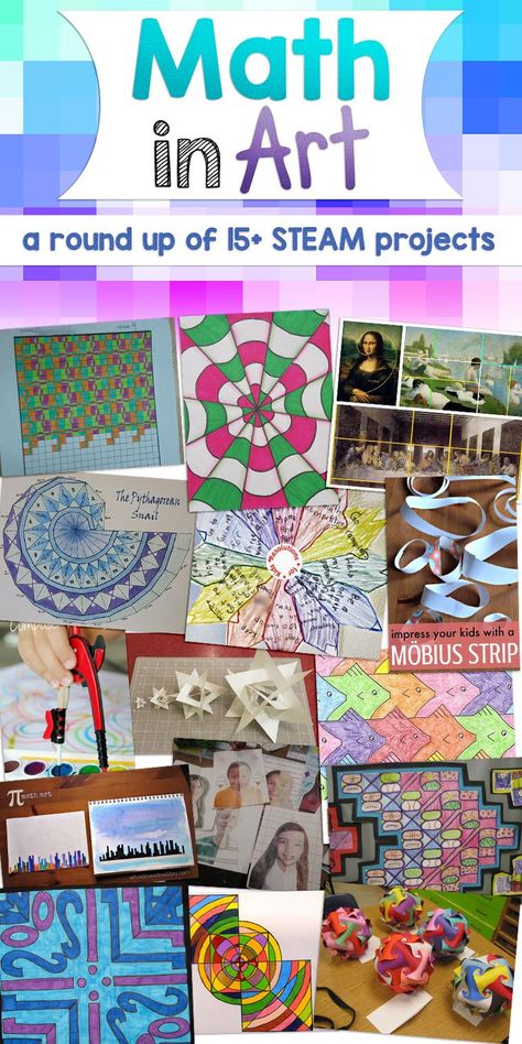 A round up of over 15 great STEAM projects – where math concepts are used to make pieces of art! Math Art Projects, Steam Art, Steam Projects, Math Projects, Math Art, Homeschool Art, Middle School Art, Math Concepts, Middle School Math