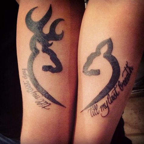 Deer And Doe Tattoo Couple, Buck And Doe Matching Tattoos, Buck And Doe Couple Tattoo, Doe Deer Tattoos For Women, Husband And Wife Tattoos Unique Country, Western Couples Tattoos, Couple Tattoos Country, Cute Country Tattoos, Couples Deer Tattoos