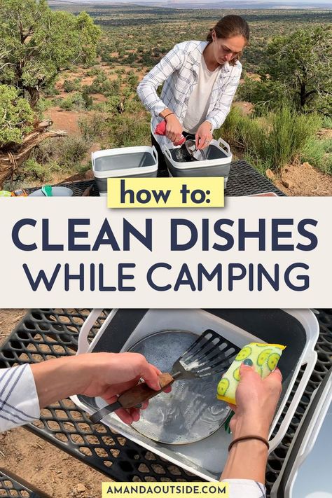 Ever wonder how to wash dishes while camping? This step-by-step video tutorial shows you all the supplies you'll need and exactly how to clean your dishes quickly and easily while camping. With these camping tips, you'll be done cleaning in no time. Let's get started! Camping Wash Station, Tent Camp Set Up Ideas, Biodegradable Soap, Camping Diy Projects, Camping Sink, Camp Recipes, Sanitation Stations, Survival List, Camping Dishes