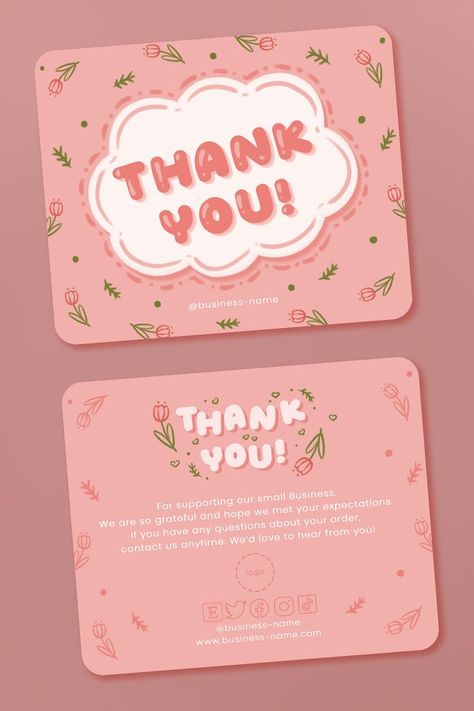 Cute Thank You Cards For Small Business, Thank You Card Cute Design, Thank You Logo Design, Small Business Thank You Note, Thankyou Card Cute, Thank You Card Business Free Printables, Thank You Note For Small Business, Thanks For Order Cards, Aesthetic Names For Small Business