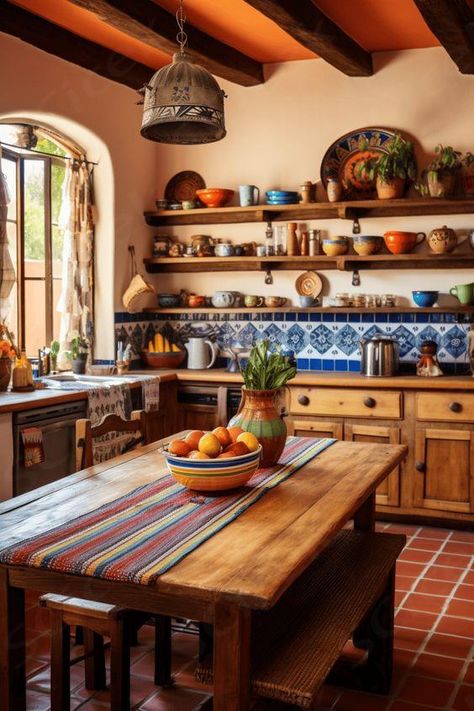 Mexican Rustic Kitchen, Mexican Modern Kitchen, Mexican Kitchen Decor Ideas, Mexican Style Kitchens Ideas, Modern Mexican Kitchen, Mexican Farmhouse Decor, Mexico Kitchen, Mexican Villa, Mexican Kitchen Decor