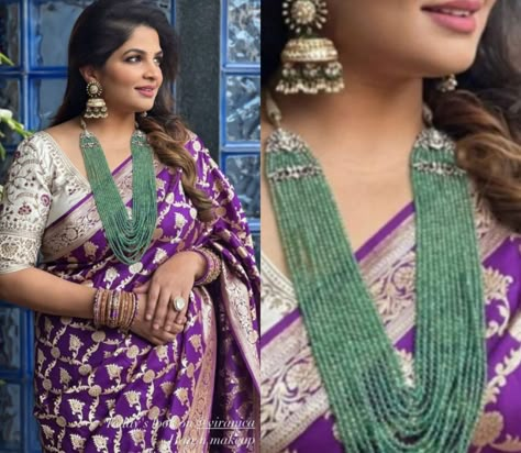 Purple Banarasi Saree Blouses, Viranica Manchu Saris, Viranica Manchu, Purple Banarasi Saree, Indian Bride Saree, South Indian Bride Saree, Maggam Blouses, Saree Styling, Bride Saree