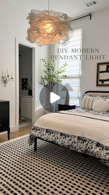 Alexa Mason & Elizabeth Novoa | Neutral Home Decor on Instagram: "DIY MODERN PENDANT LIGHT 💡   Comment “PENDANT” and be sure you’re following us to receive a dm with a link to everything we used for this DIY! ❤️  SAVE this reel for our “how-to”! 🛠️ we needed a new pendant shade for this guest bedroom so we set out to DIY one! This mesh screening was very inexpensive and easy to work with. All we did was cut it to our desired length, fold it over on itself a few times to create layers, cut a hole in the center for our light kit to go through, then we scrunched the mesh to give it its shape. Last we decided to paint ours white and we installed it with an extra large bulb 😍 this project was so easy and we loved the way it turned out! ✨  OG Creator: @thibaultmao   #homedecorlovers #diyhomed Diy Pendant Shade, Diy Bedroom Lighting, Diy Pendant Light Shade, Pendant Lighting Living Room, Pendant Light Bedroom, Pendant Lighting Living, Diy Hanging Light, Mesh Lighting, Parisian Interior