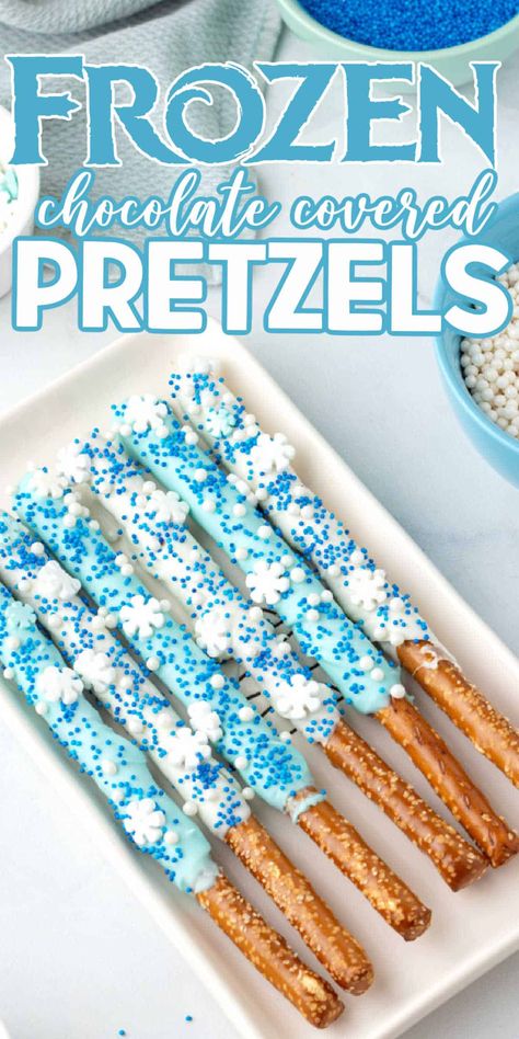 Blue Party Snack Ideas, Frozen Themed Snacks For Kids, Elsa Snacks Frozen Party Food, Frozen Party Desserts, Frozen Party Snacks Ideas, Frozen 3rd Bday Party, Frozen Birthday Snack Ideas, Frozen Birthday Party Desserts, Frozen Pretzels Ideas