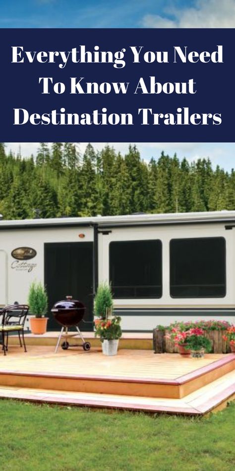 Park Model Trailer Deck Ideas, Destination Trailers Decorating, Travel Trailer Permanent Site Ideas, Rv Underpinning Ideas, Destination Trailer Deck Ideas, Destination Rv Trailers, Destination Trailers Living, Rv Lot Landscaping Ideas, Rv Porches And Decks Diy