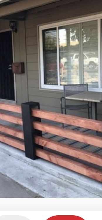 Fence Around Front Porch, Porch Edging Ideas, Concrete Block And Wood Fence, Fence With Cinder Block And Wood, Back Patio Fence Ideas, Front Fence Landscaping Ideas, Cinderblock Privacy Fence, Cinder Block Fencing Ideas, Cement Porch Railing Ideas