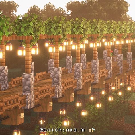 Minecraft Mountain Stairs Ideas, Minecraft Mine Staircase, Minecraft Japanese Pathway, Minecraft Campsite Ideas Aesthetic, Minecraft Bridge Aesthetic, Minecraft Railway Bridge, Stairs Ideas Minecraft, Cute Minecraft Pathways, Minecraft Bridge Ideas Long Distance