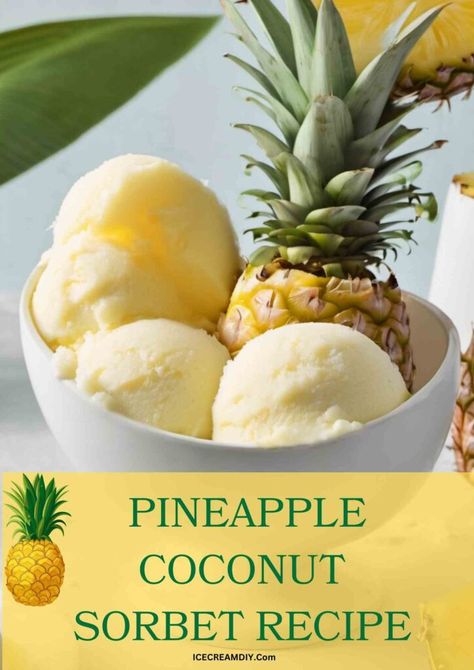 Pineapple Coconut Sorbet Recipe - Ice Cream DIY | Ice Cream Recipes From Scratch Coconut Sorbet Recipe, Pineapple Ice Cream Recipe, Pineapple Coconut Ice Cream, Ice Cream Diy, Coconut Ice Cream Recipes, Sherbet Recipes, Pineapple Ice Cream, Coconut Sorbet, Sorbet Recipe