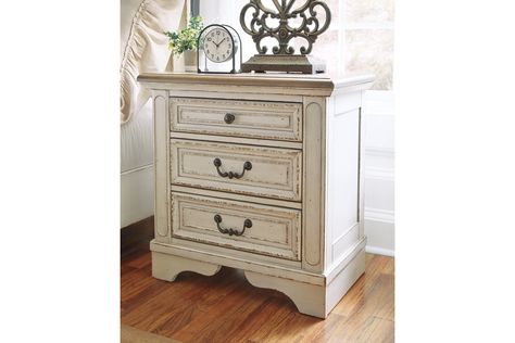 Decorative Corbels, Vintage Bedroom Furniture, Three Drawer Nightstand, Black Bedroom Furniture, French Country Bedrooms, Kelly Clarkson Home, Vintage Bedroom, Country Bedroom, Ashley Furniture Homestore