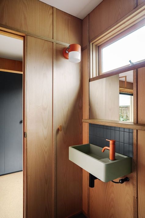 Studio Studio — BRAVE NEW ECO Mint Walls, Vintage Shelving, Orange Door, Timber Battens, Red Cup, Backyard Studio, Study Nook, Studio Studio, Powder Rooms