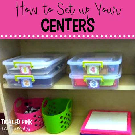 Kindergarten Centers Storage, Center Bins Kindergarten, First Grade Centers Set Up, Kindergarten Supply Organization, Center Organization Classroom, Classroom Set Up Ideas, Centers For First Grade, Classroom Learning Centers, Back To School Bash