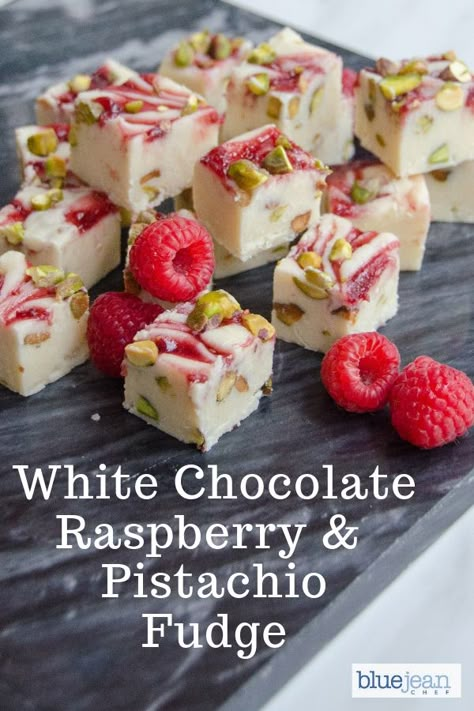 This white chocolate raspberry fudge is a pretty, festive fudge that would look nice on a holiday treat platter AND it's super easy to make. #bluejeanchef #fudge #whitechocolate #holidaytreats Oh Fudge, White Chocolate Raspberry, Chocolate Raspberry, Chocolate Fudge, Fudge Recipes, Berry, Holiday Treats, Candy Recipes, Pistachio