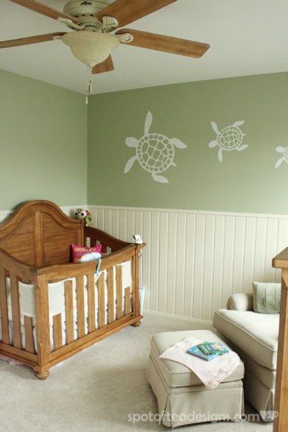 Gender Neutral Sea Turtle Baby Nursery Reveal: Greens, creams and light browns | spotofteadesigns.com Comfy Nursery, Blue Green Nursery, Rustic Color Schemes, Turtle Nursery, Green Baby Room, Light Browns, Nursery Reveal, Turtle Baby, Boy Nursery Themes