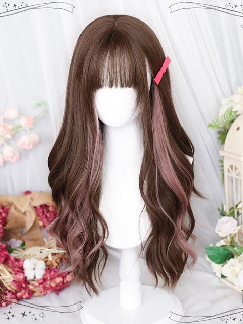 Get the perfect blend of sophistication and cuteness with our brown and pink highlight long wig. This beautifully crafted wig features a unique highlight color combination of brown and pink, giving you a trendy and eye-catching look. The long wavy style adds a touch of elegance, while the air bangs frame your face delicately. Whether you're going for a Lolita or Kawaii style, this wig is a must-have accessory to complete your look.   Please note that this product includes only the wig. Pinkish Brown Hair, Colorful Highlights In Brown Hair, Brown And Pink Hair, Brown Hair Female, Hair Color Swatches, Cool Hair Designs, Kawaii Wigs, Air Bangs, Highlight Color