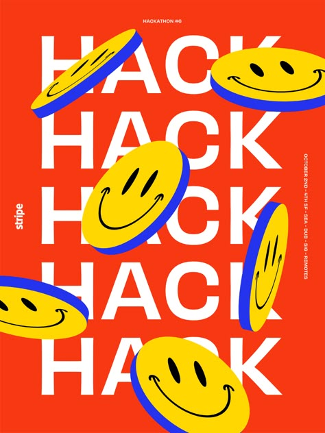 Hackathon #6 Poster Collection on Behance Hackathon Poster, Rock Kunst, Poster Sport, 타이포그래피 포스터 디자인, 카드 디자인, Poster Series, Smiley Faces, Design Toscano, Poster Retro