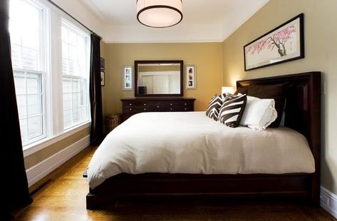 How to Stretch Small Bedroom Designs, Home Staging Tips and Bedroom Decorating Ideas Bed Facing Window, Wood Furniture Bedroom Decor, Grey Bedroom Colors, Small Bedroom Colours, Dark Wood Bedroom Furniture, Dark Wood Bedroom, Dark Bedroom Furniture, Brown Furniture Bedroom, Dark Wood Furniture